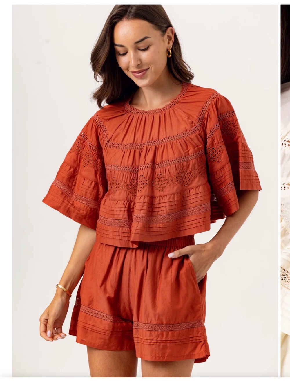 Sundays Rust Tiered Eyelet Peasant Top and shorts set - Women NWT